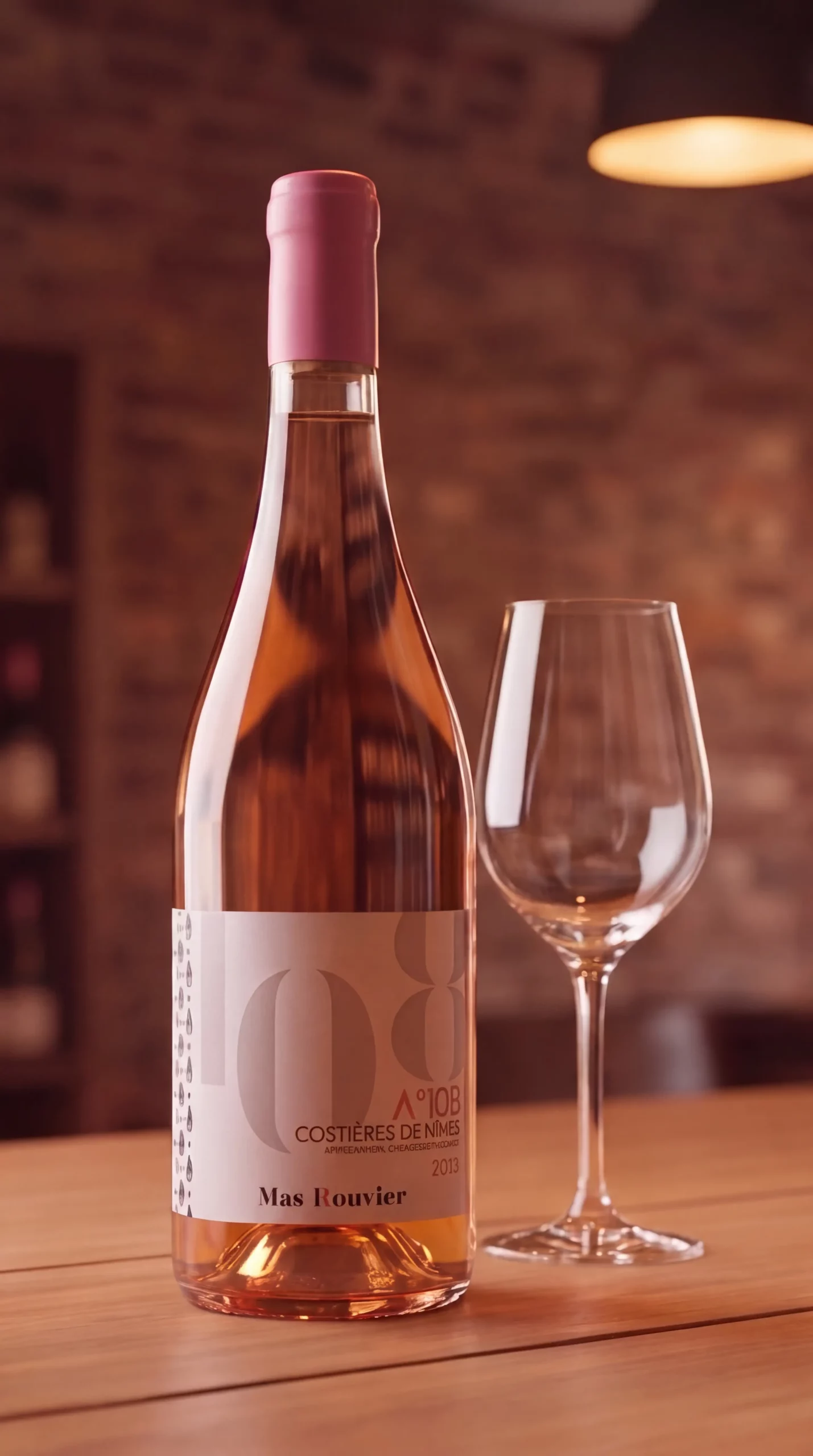Bouteille et verre de vin Mas Rouvier sur une table de restaurant